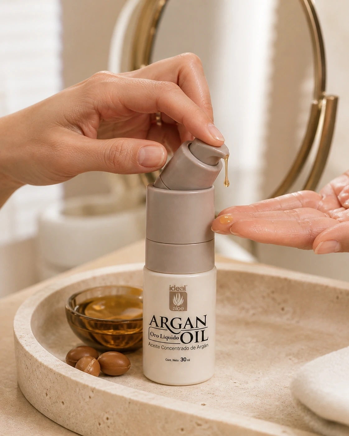 Aceite de argán Ideal Aloe dispensado sobre la palma junto a un tocador de piedra