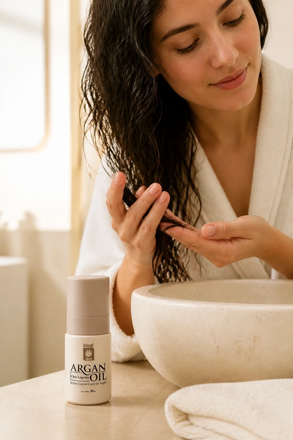 Aceite de argán usado en las puntas del cabello junto a su frasco