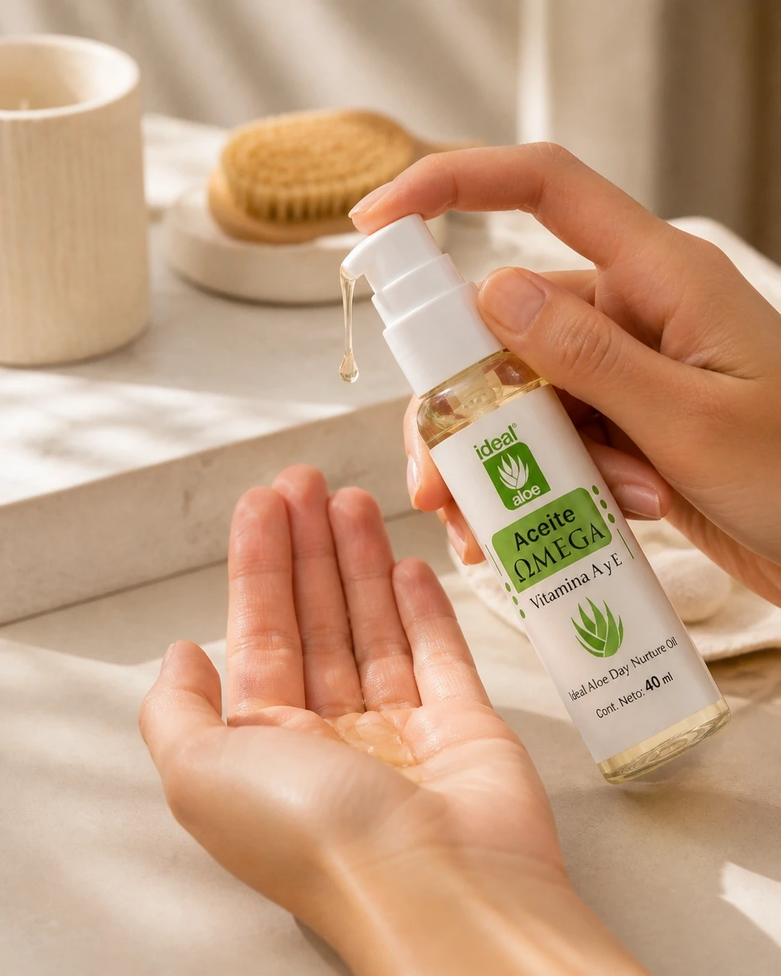 Detalle de una gota de Aceite Omega con Vitamina E dispensada sobre la mano junto a su botella.