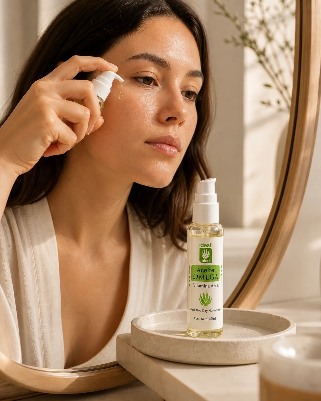 Aceite Omega con Vitamina E aplicado sobre el pómulo frente a un espejo, con la botella visible en un tocador cálido.