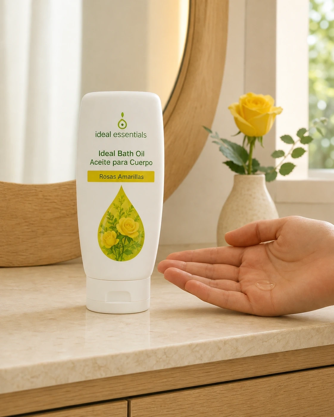 Detalle del aceite para cuerpo Ideal de rosas amarillas junto a una mano