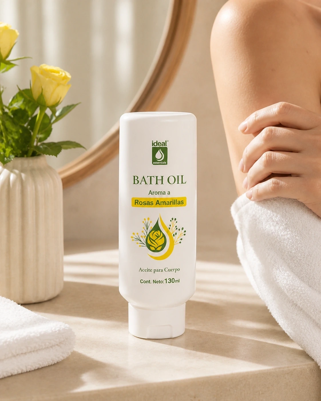 Aceite para cuerpo Ideal de rosas amarillas en un tocador cálido junto a una modelo