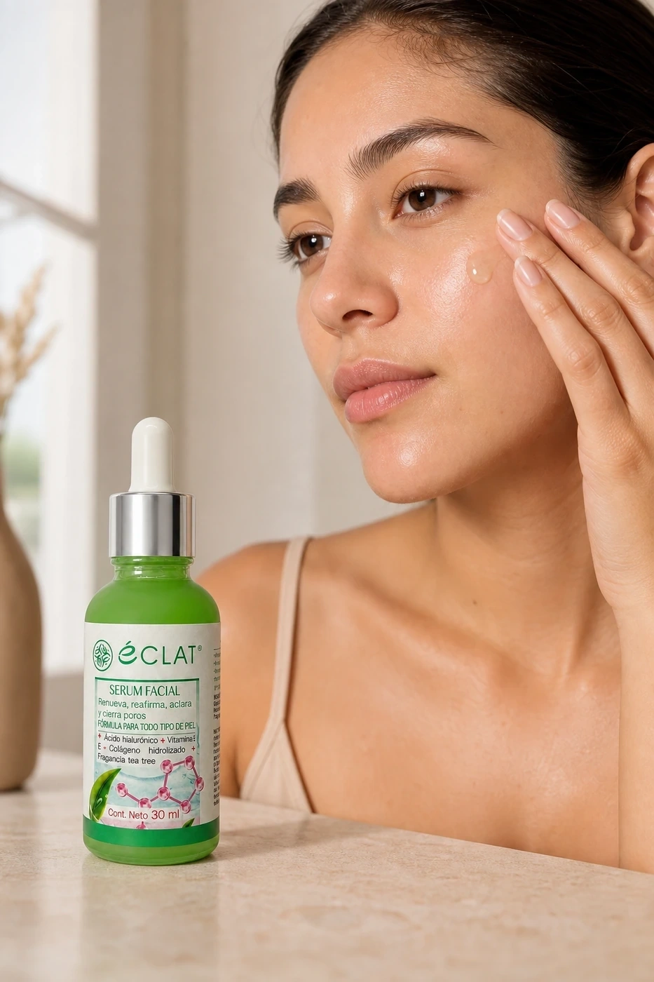 Sérum facial de ácido hialurónico Éclat aplicado sobre la mejilla en una rutina de cuidado facial