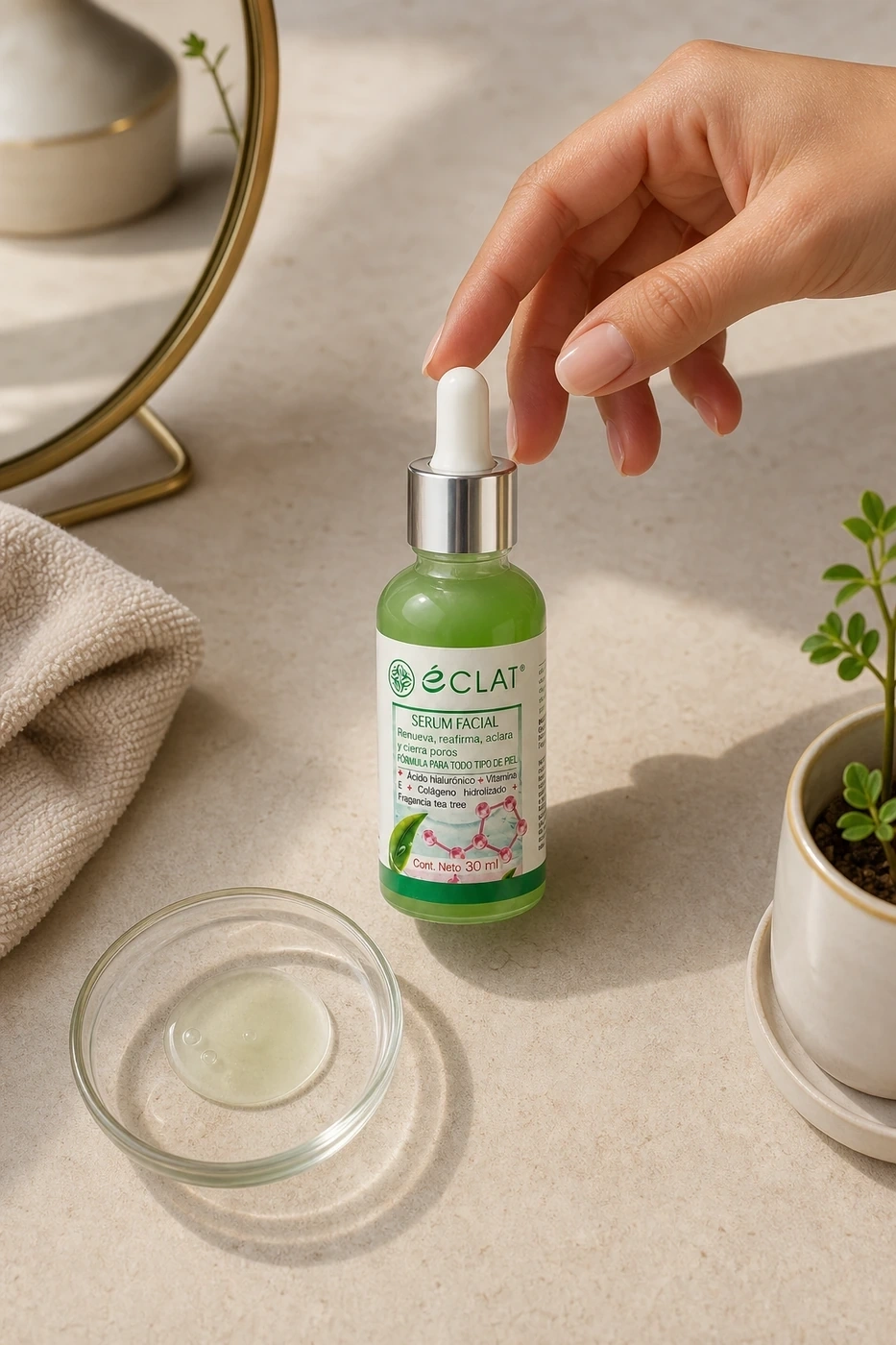 Sérum facial de ácido hialurónico Éclat y gotero en una rutina facial sobre una superficie crema