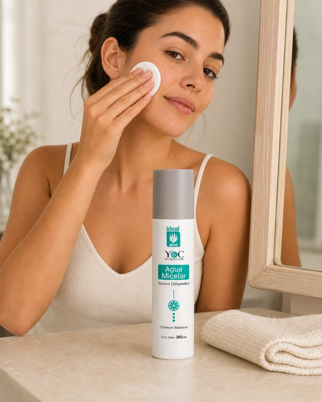 Agua Micelar Clean Fresh usada con algodón junto a una modelo frente al espejo