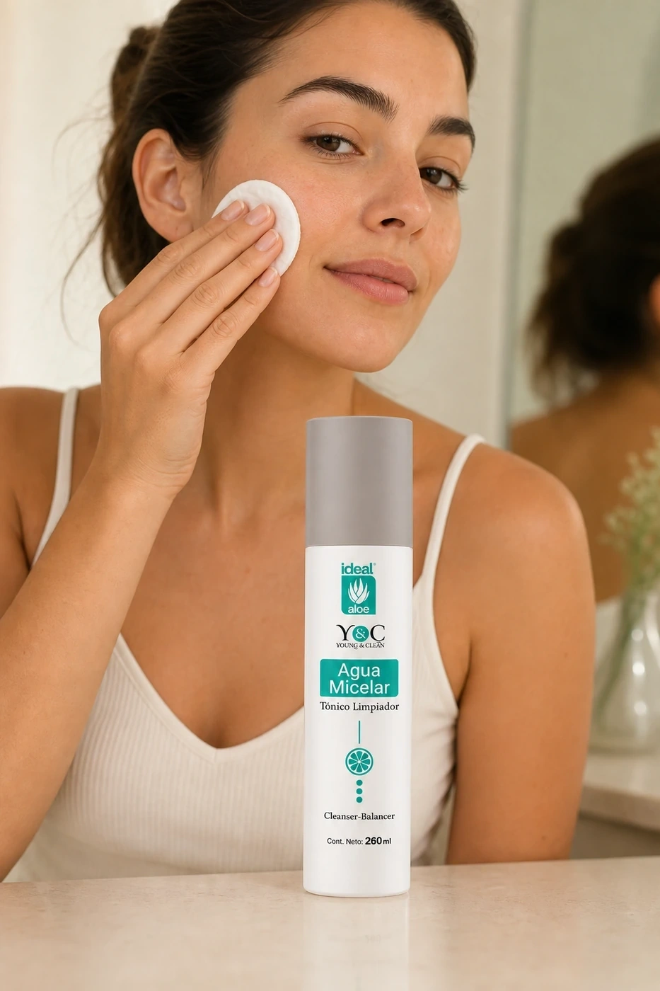 Agua Micelar Clean Fresh usada con un algodón sobre el rostro