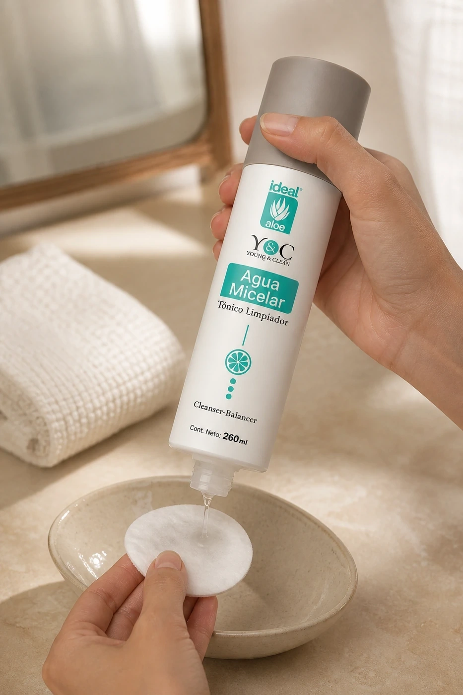 Agua Micelar Clean Fresh vertida sobre un algodón junto a un cuenco crema
