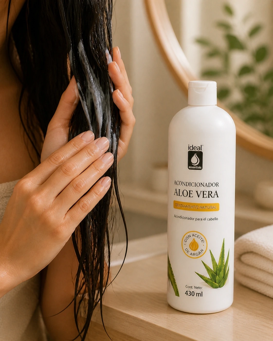 Detalle de Acondicionador Aloe Vera distribuido entre cabello húmedo.