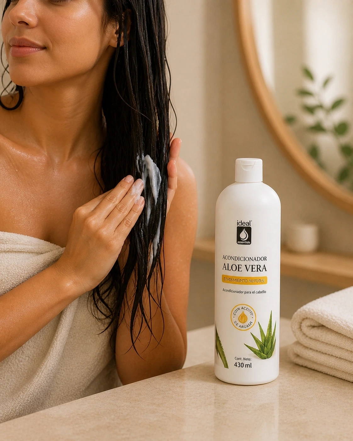 Acondicionador Aloe Vera junto a una persona aplicándolo sobre cabello húmedo.