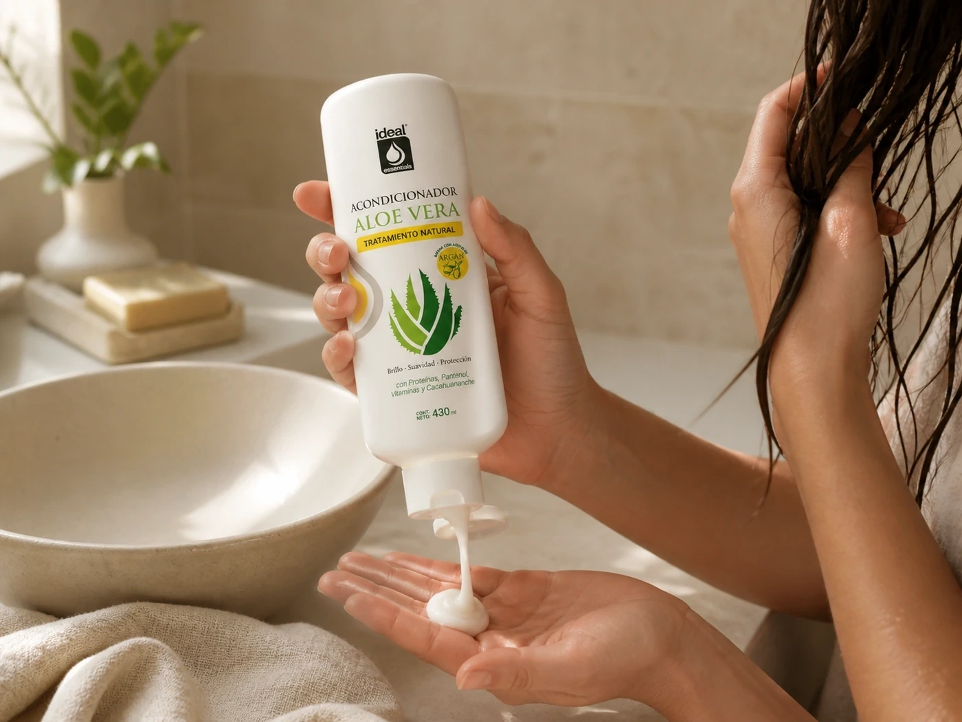 Persona dispensando Acondicionador Aloe Vera en la palma durante su rutina capilar.