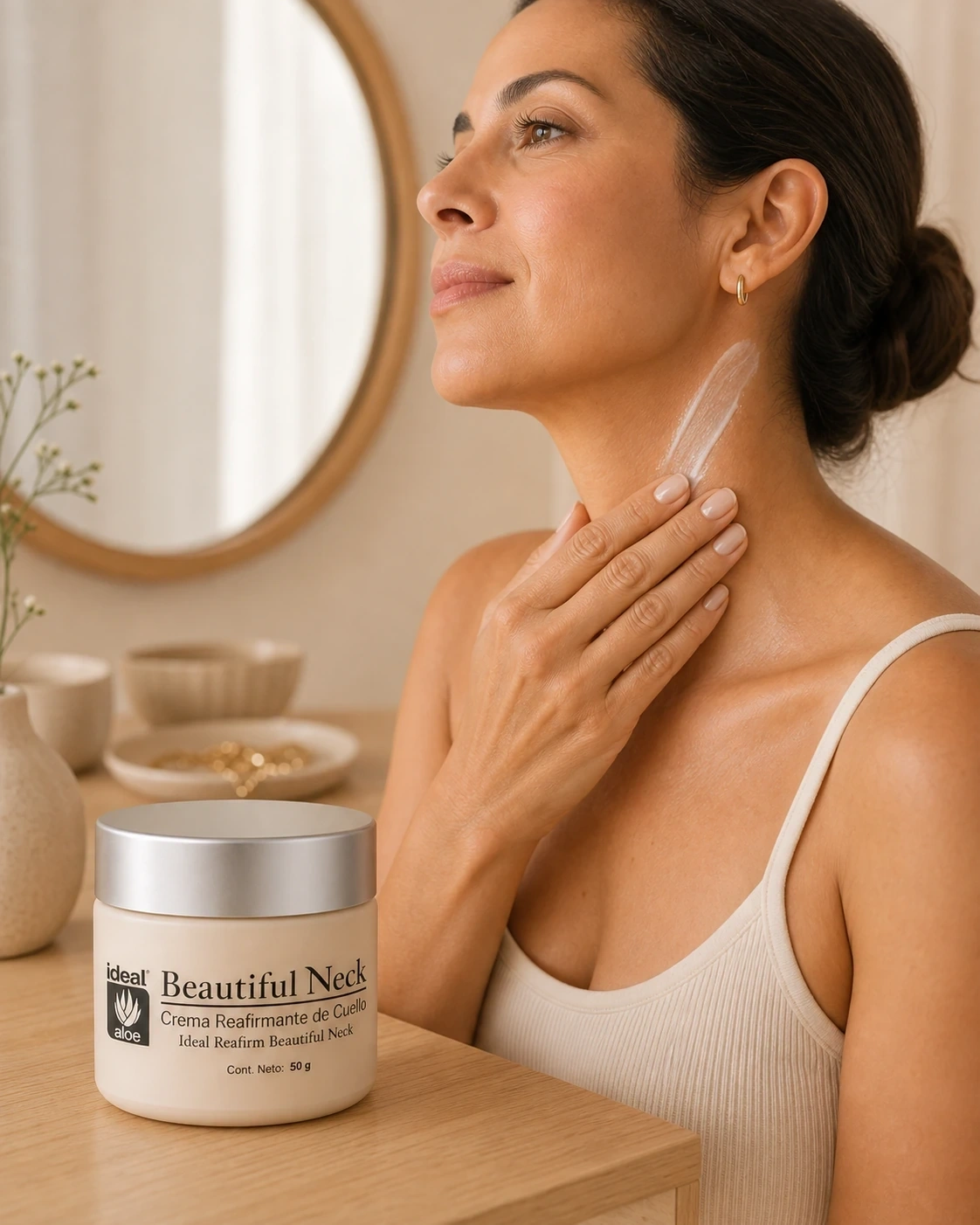 Mujer aplica Beautiful Neck de Ideal en el cuello junto al envase sobre un tocador
