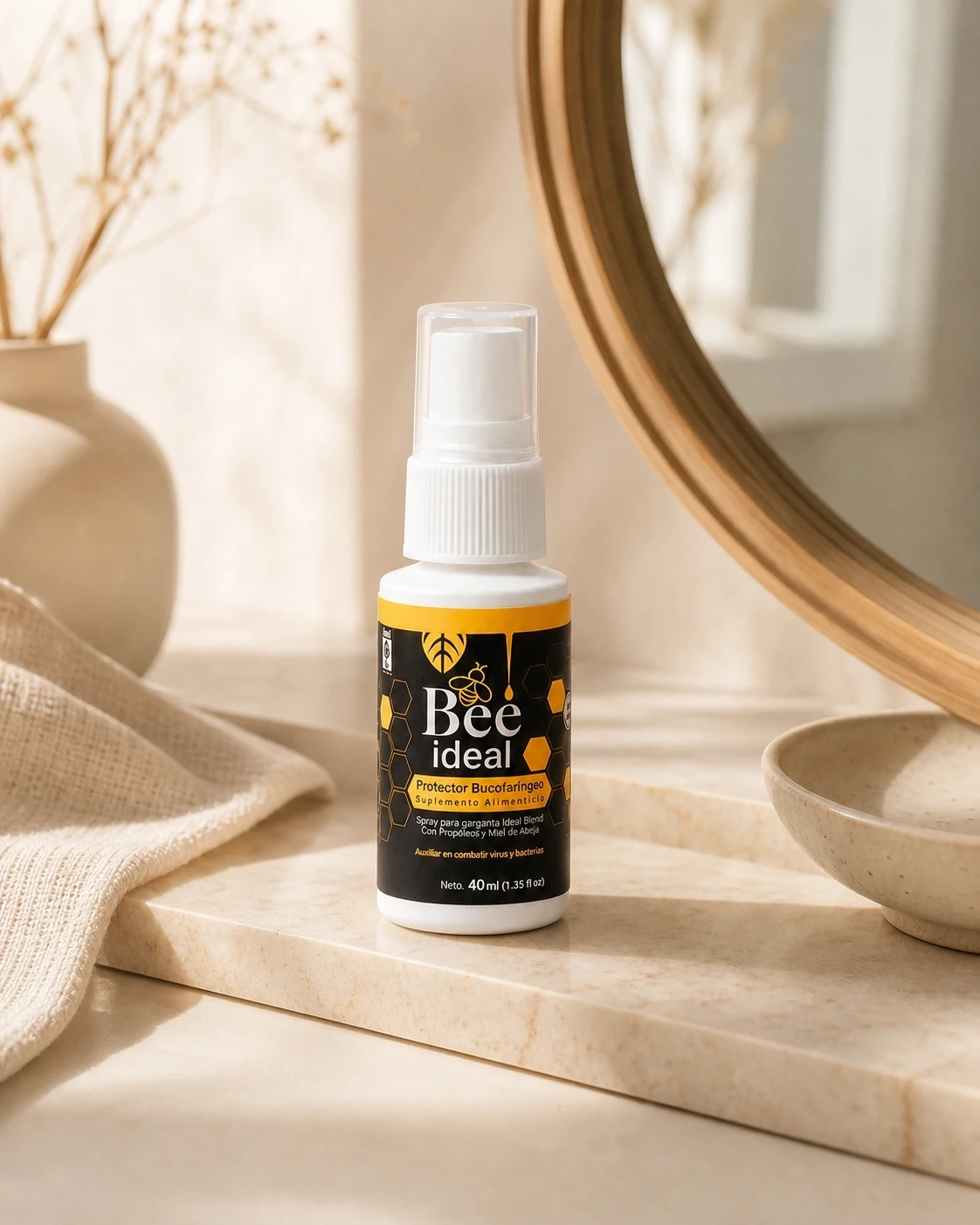 Bee Ideal Spray sobre tocador de piedra frente a un espejo
