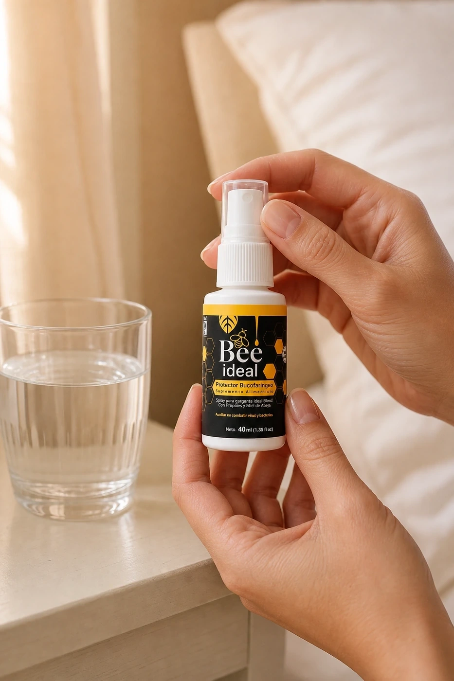 Bee Ideal Spray sostenido en mano junto a un vaso de agua