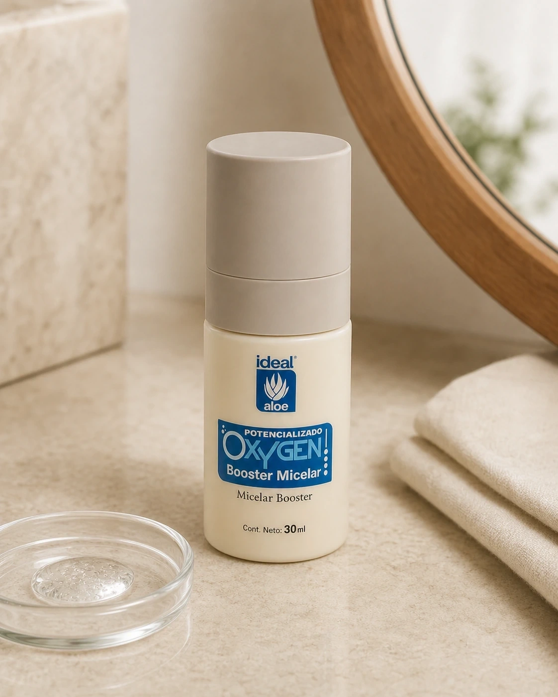 Detalle del Booster de oxígeno junto a gel transparente, espejo y lino crema