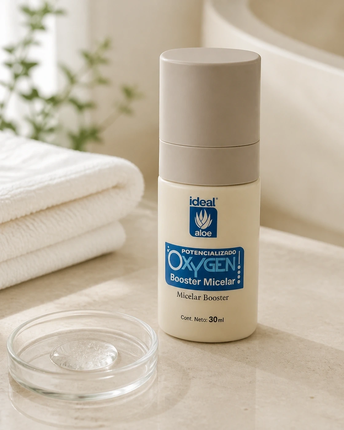 Booster de oxígeno sobre vanity crema con gel facial transparente