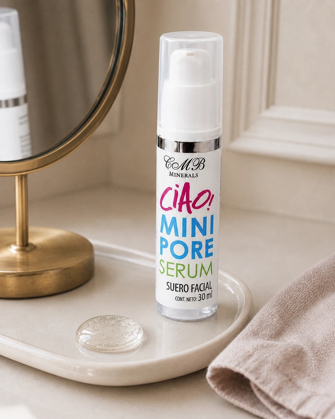 Detalle de Ciao Mini Pore Serum sobre bandeja de tocador junto a gel transparente