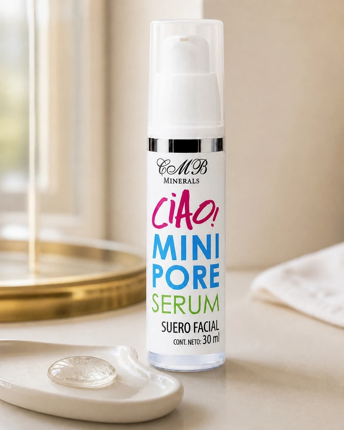 Ciao Mini Pore Serum con textura transparente sobre bandeja crema