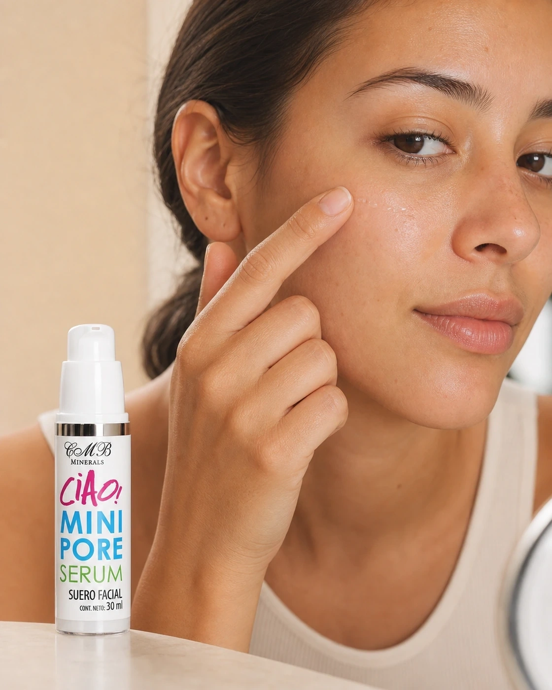 Ciao Mini Pore Serum aplicado sobre mejilla con textura natural