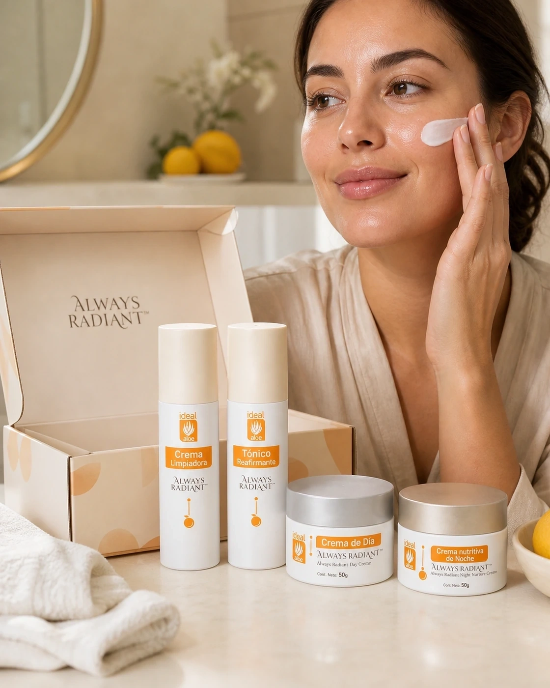 Cofre Always Radiant completo junto a aplicación de crema facial