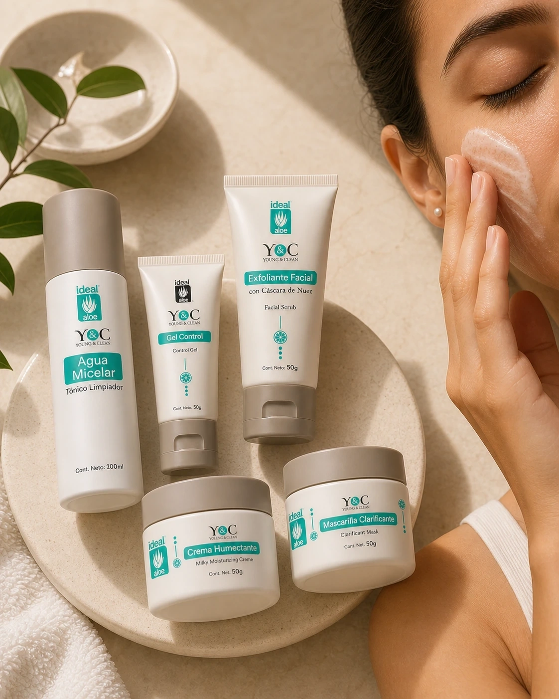 Cofre Clean & Fresh de cinco piezas junto a aplicación de exfoliante facial