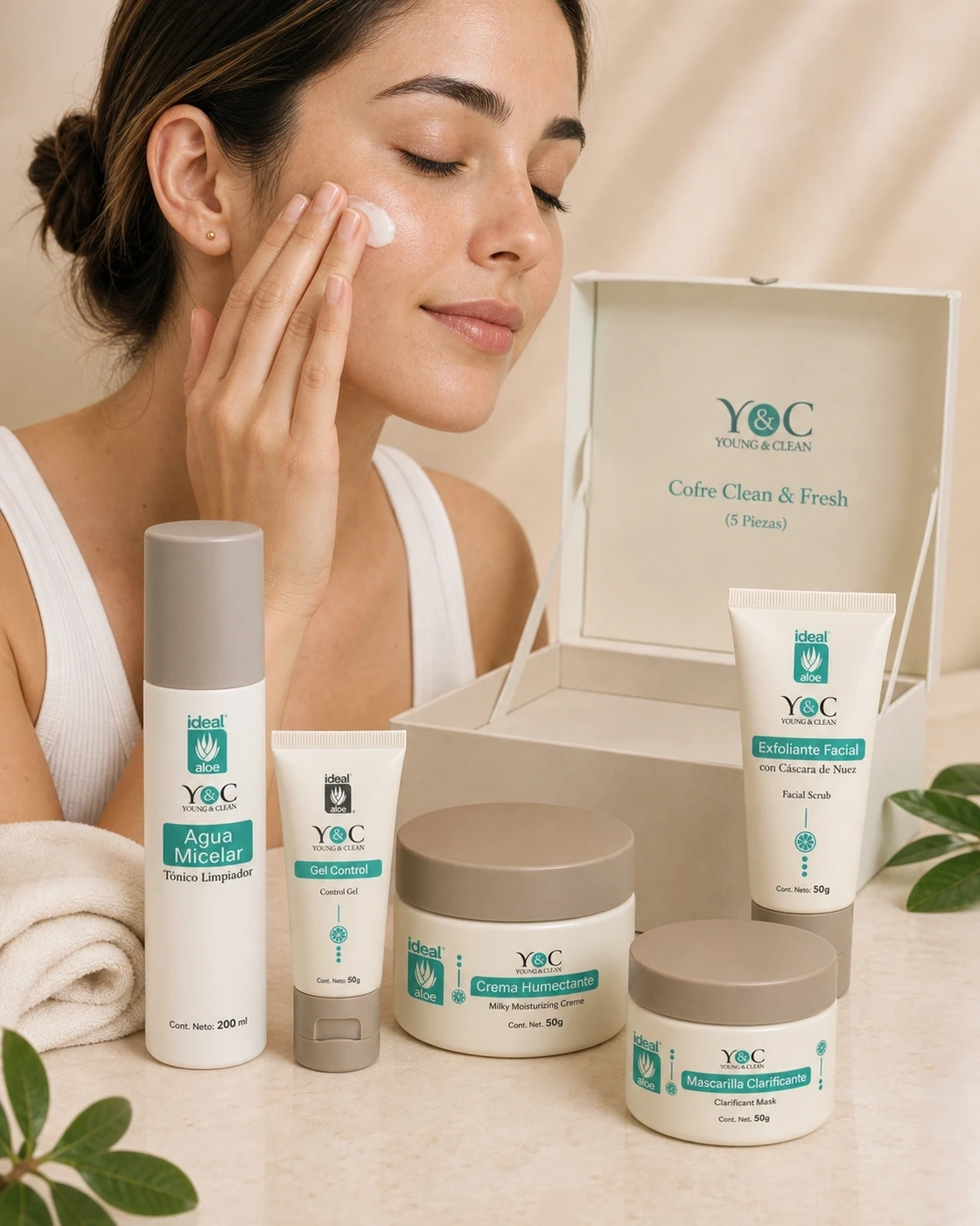 Cofre Clean & Fresh de cinco piezas en ritual facial sobre vanity crema