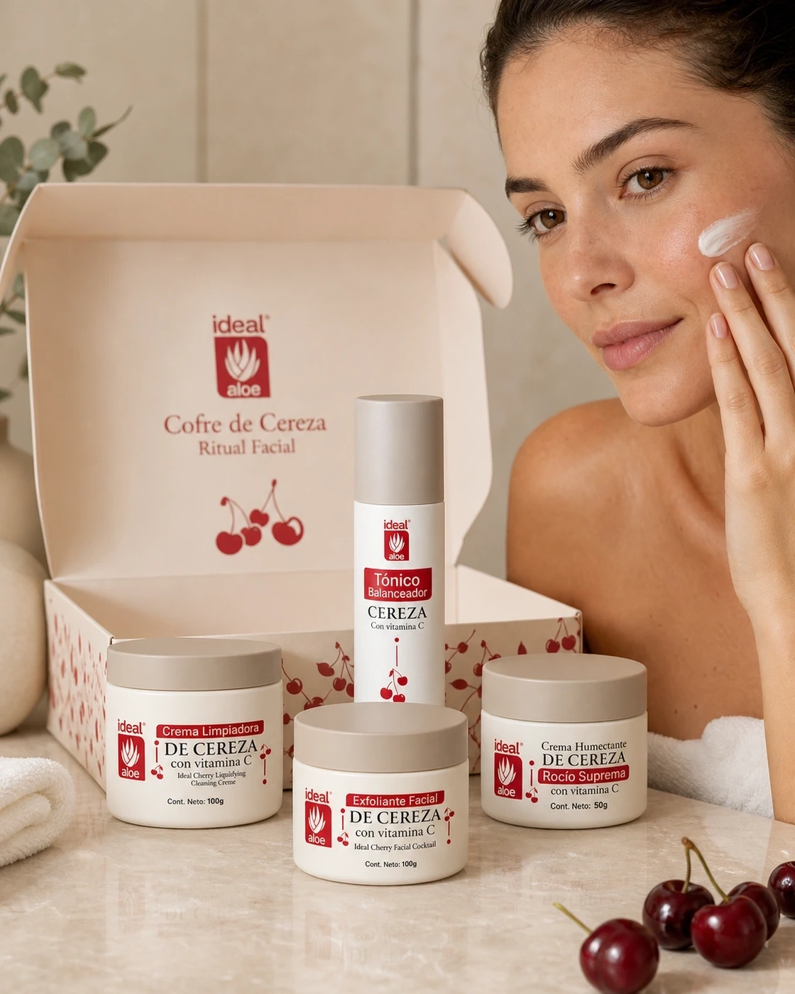 Cofre de Cereza completo en ritual facial con aplicación de crema