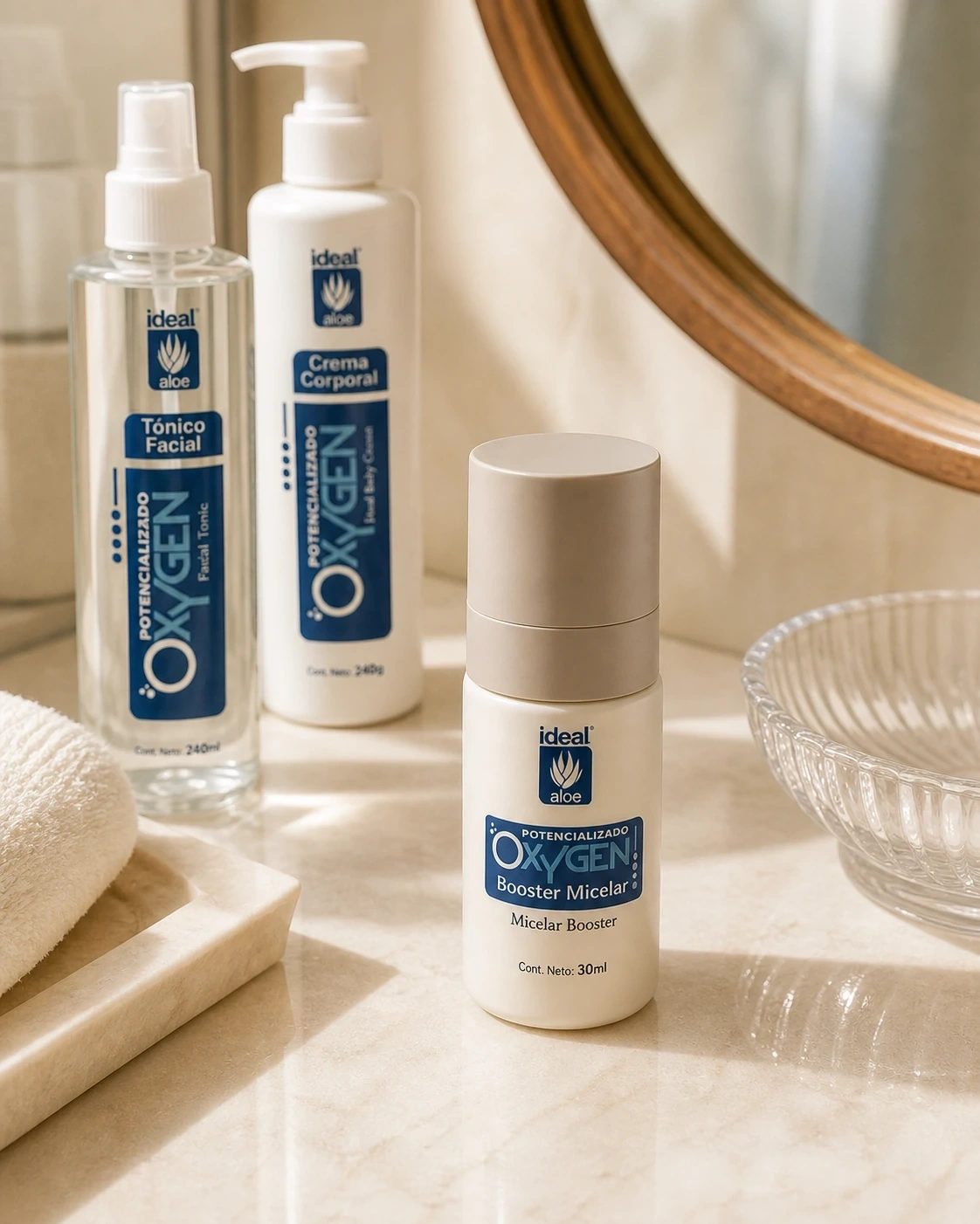 Detalle editorial del Booster Micelar y productos OXYGEN Éclat frente a un espejo