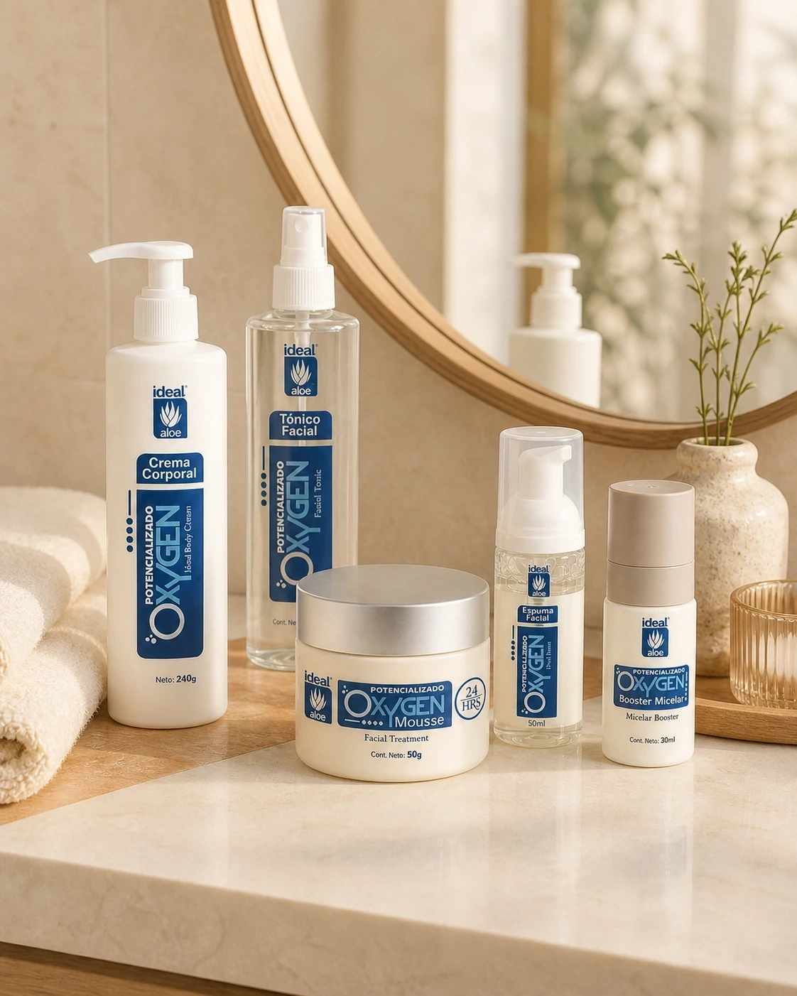 Cofre de Oxígeno Éclat en tocador cálido con sus productos azules y blancos