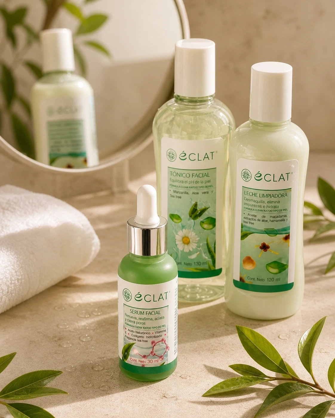 Detalle editorial del sérum facial y productos Tea Tree Éclat