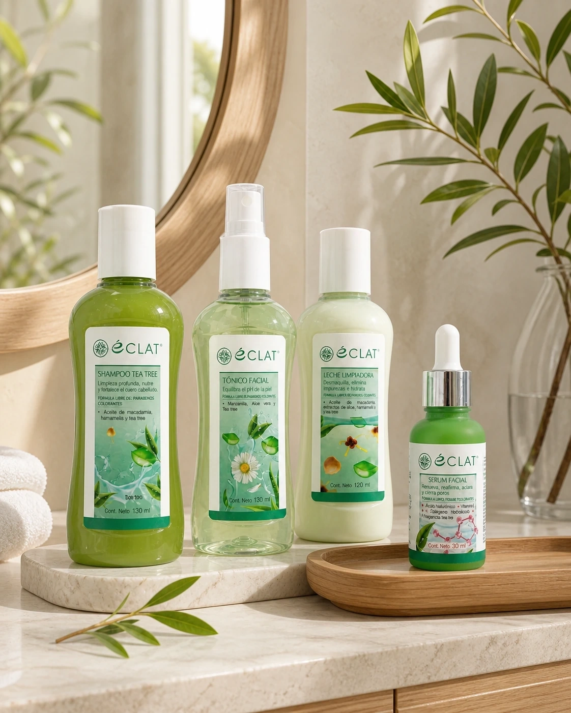 Cofre de Tea Tree Éclat con botellas verdes sobre tocador frente a espejo