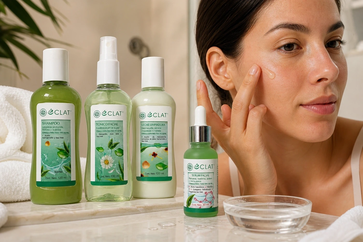Cofre de Tea Tree Éclat en ritual facial con sérum y sus cuatro productos