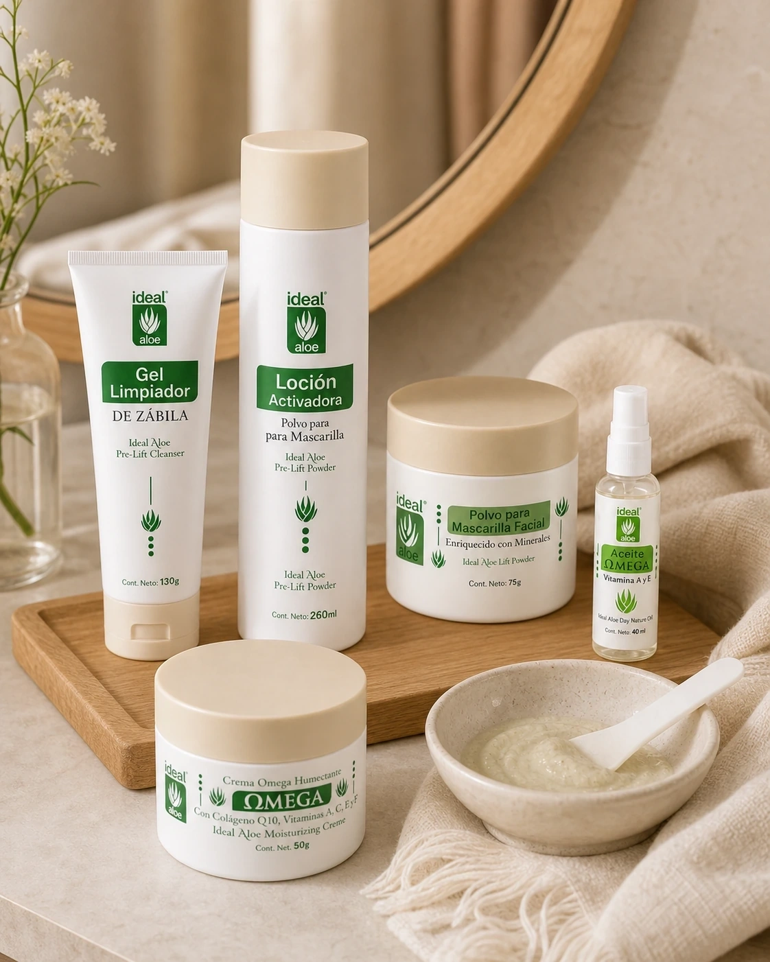 Cofre del Tesoro Éclat en tocador con productos de mascarilla y crema Omega