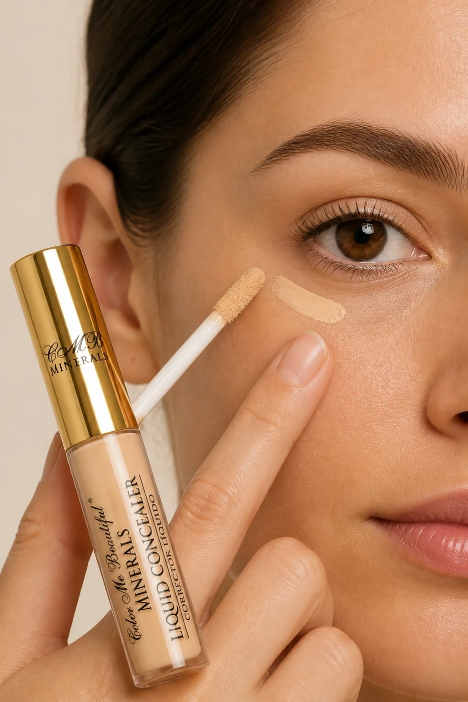 Aplicación de corrector líquido beige de Éclat bajo el ojo con aplicador