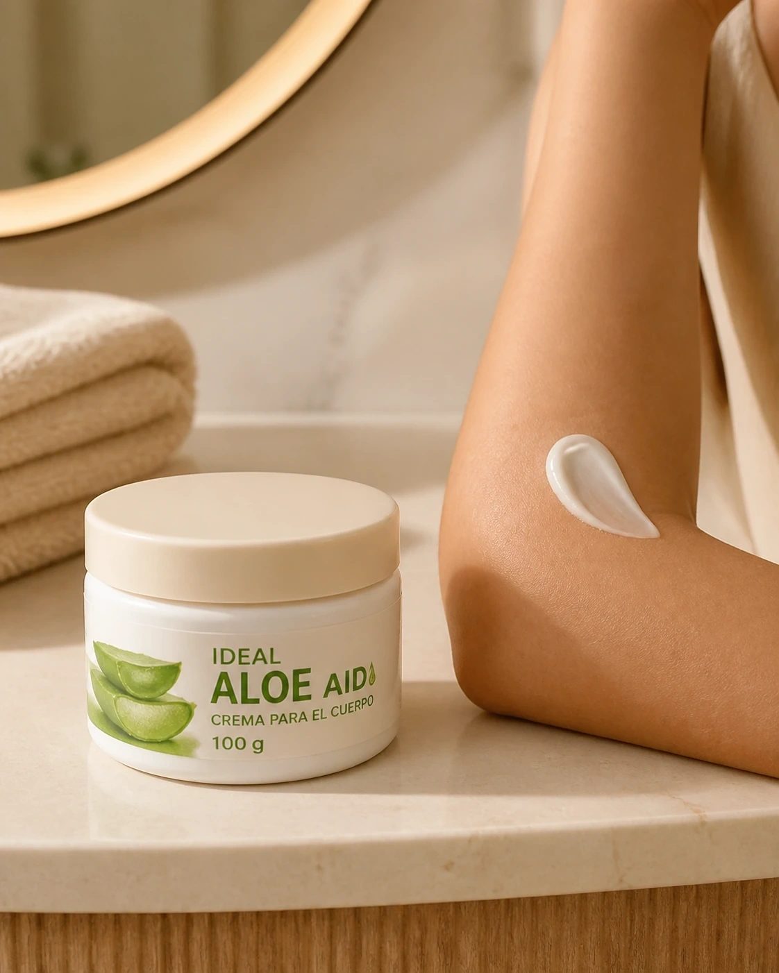 Detalle del tarro de crema corporal Aloe Aid Ideal junto a crema aplicada en el brazo