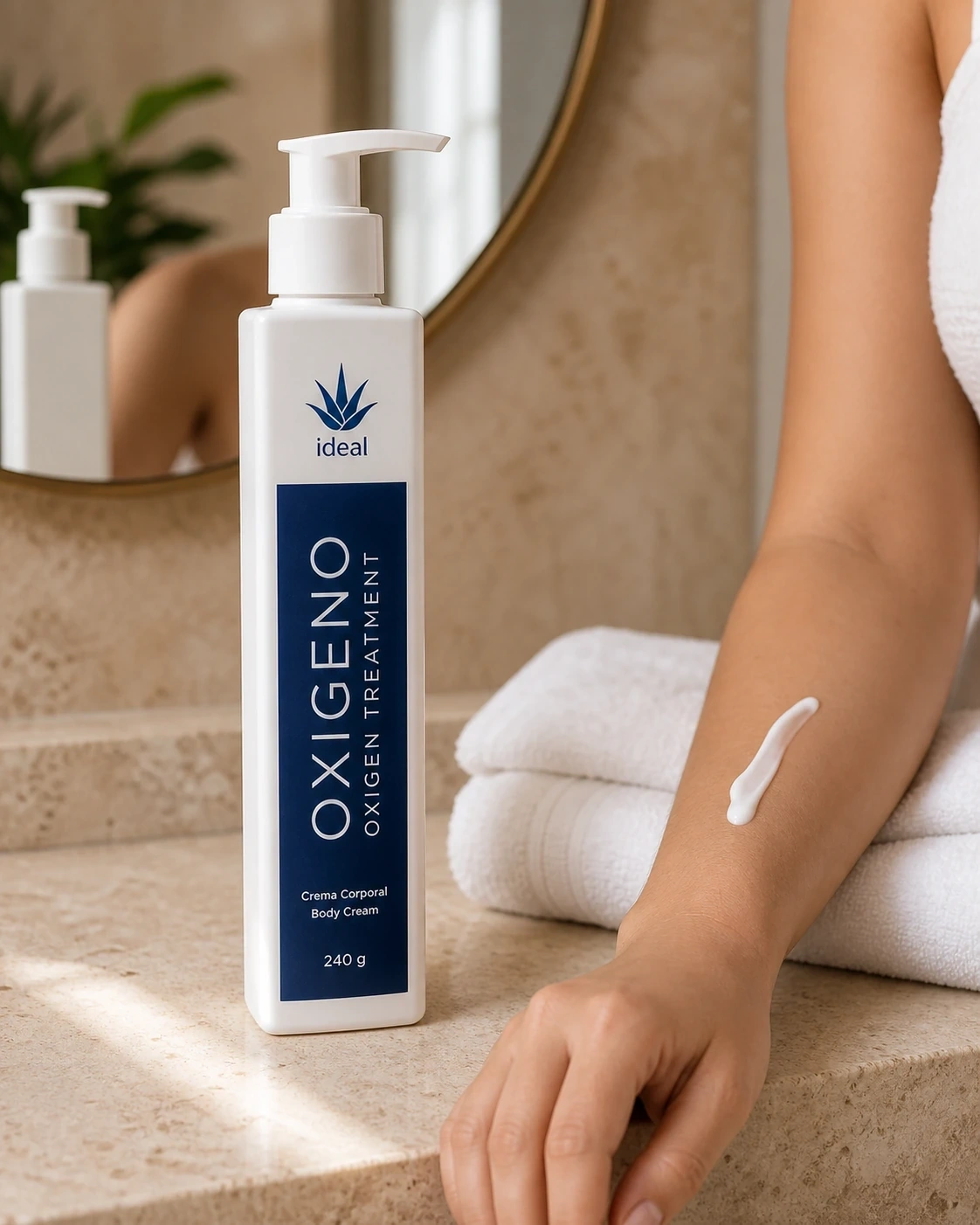 Detalle de crema corporal Oxígeno y una dosis de producto sobre la piel