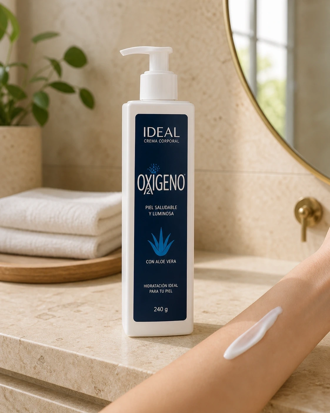Crema corporal Oxígeno en envase con bomba sobre un tocador junto a un antebrazo