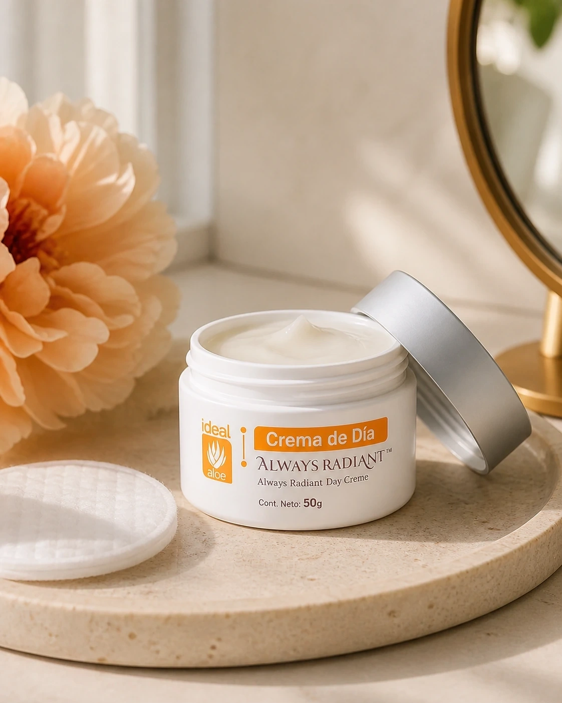 Detalle de Crema de Día Always Radiant abierta con algodón y flor sobre una charola clara