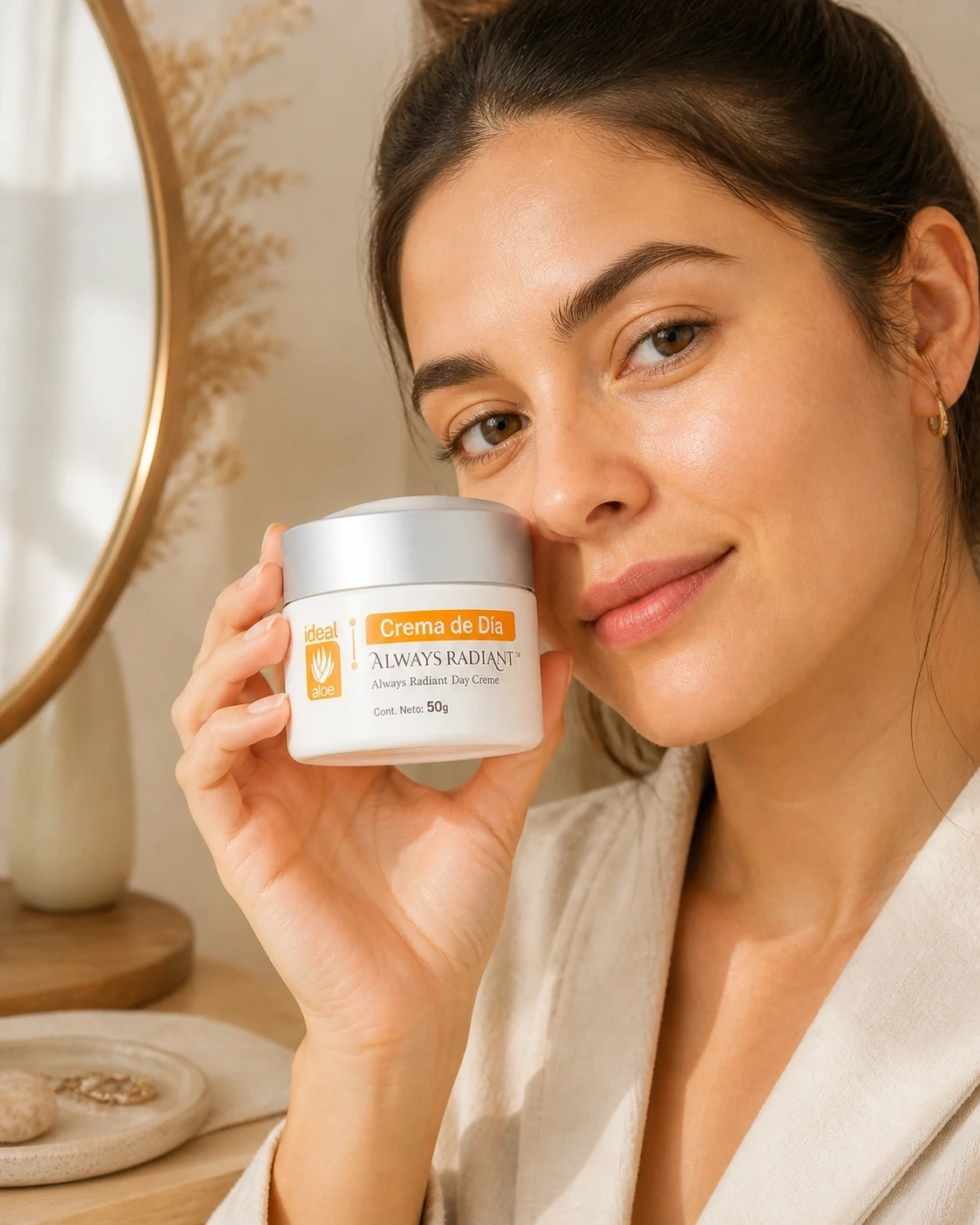 Crema de Día Always Radiant junto al rostro en una rutina de mañana frente al espejo