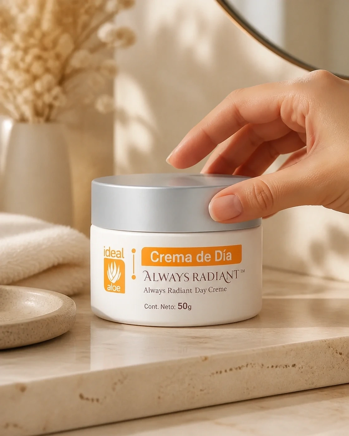 Crema de Día Always Radiant en una vanidad facial minimalista con luz de mañana