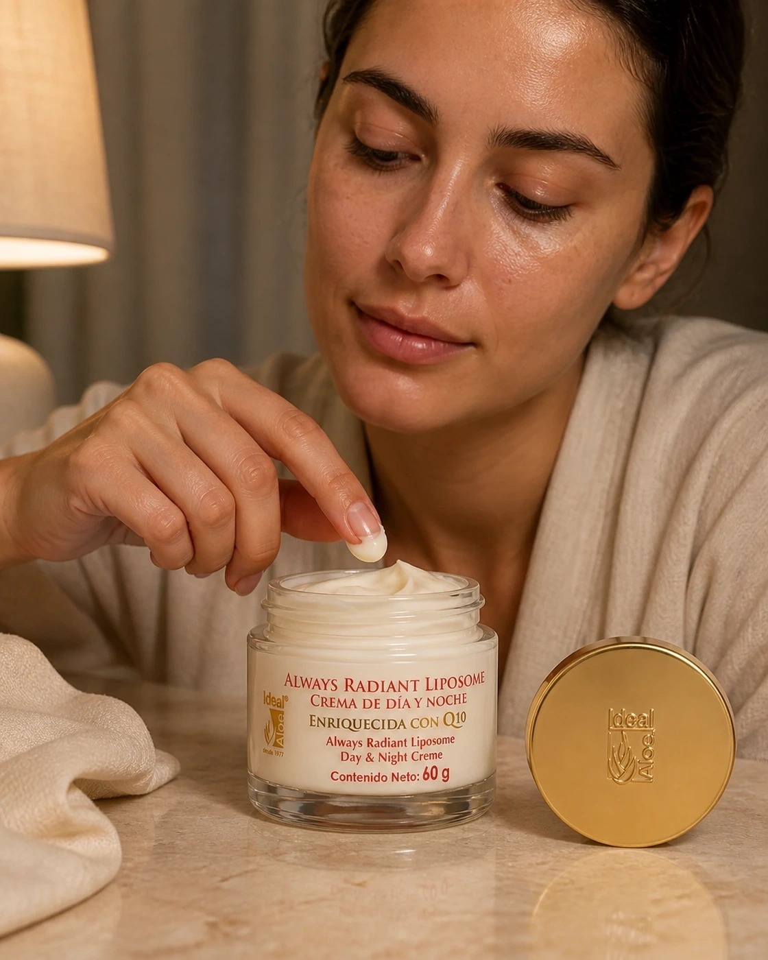 Rutina nocturna con crema de liposomas día y noche, tarro abierto y tapa dorada junto al rostro