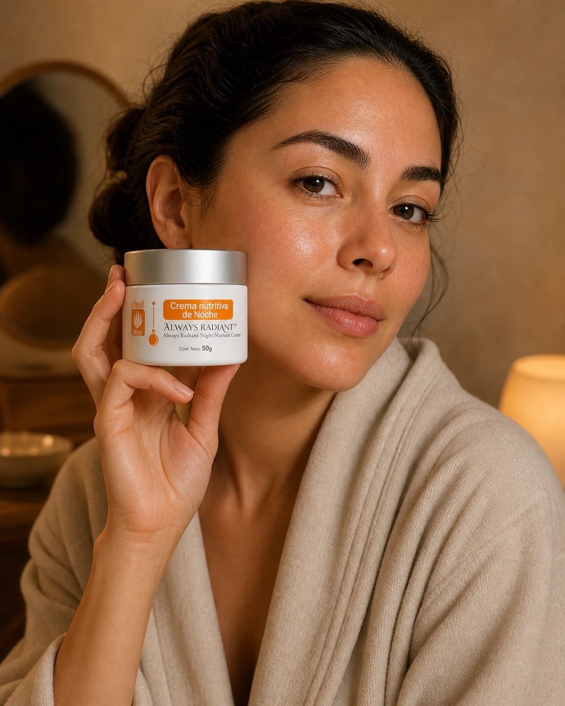 Crema de Noche Always Radiant junto al rostro en una rutina nocturna de vanity con luz cálida