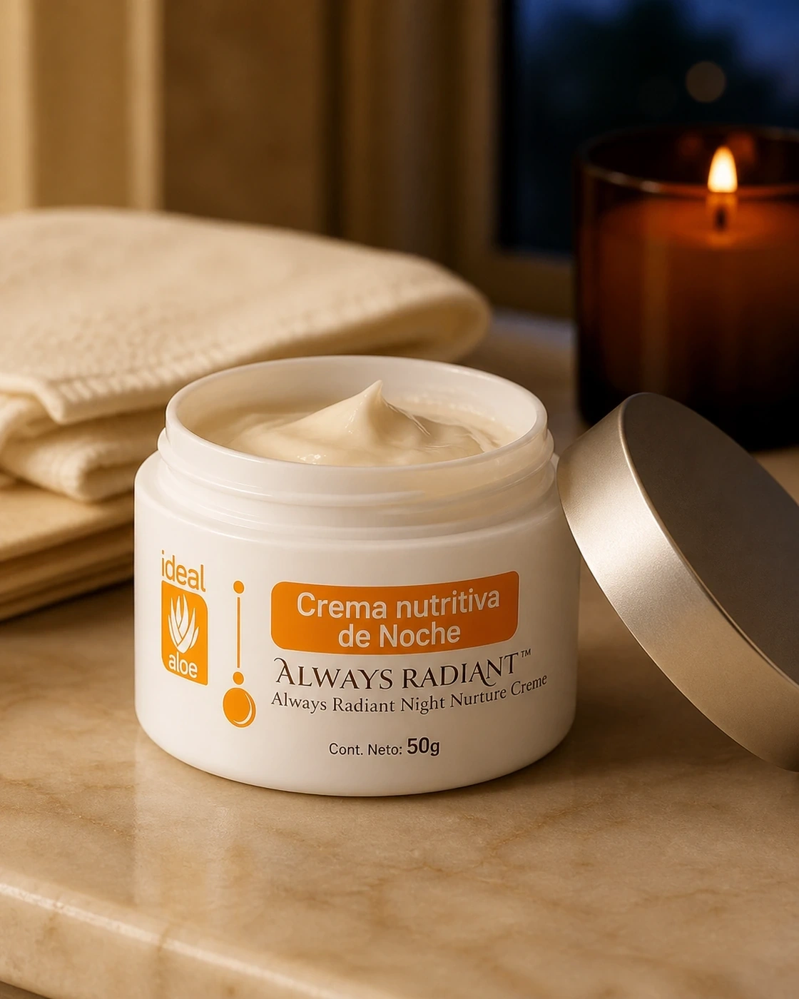 Crema de Noche Always Radiant abierta en una rutina nocturna de luz cálida