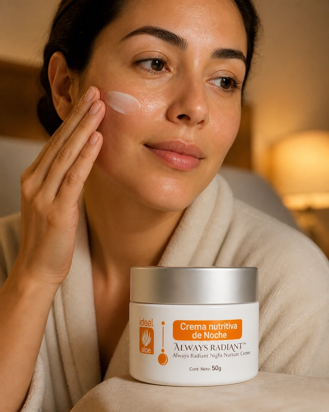 Aplicación nocturna de Crema de Noche Always Radiant sobre la mejilla