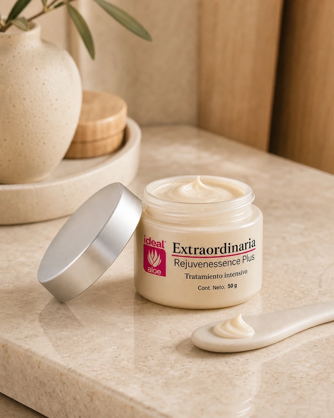 Crema Extraordinaria de Ideal abierta sobre una superficie de piedra con textura de crema