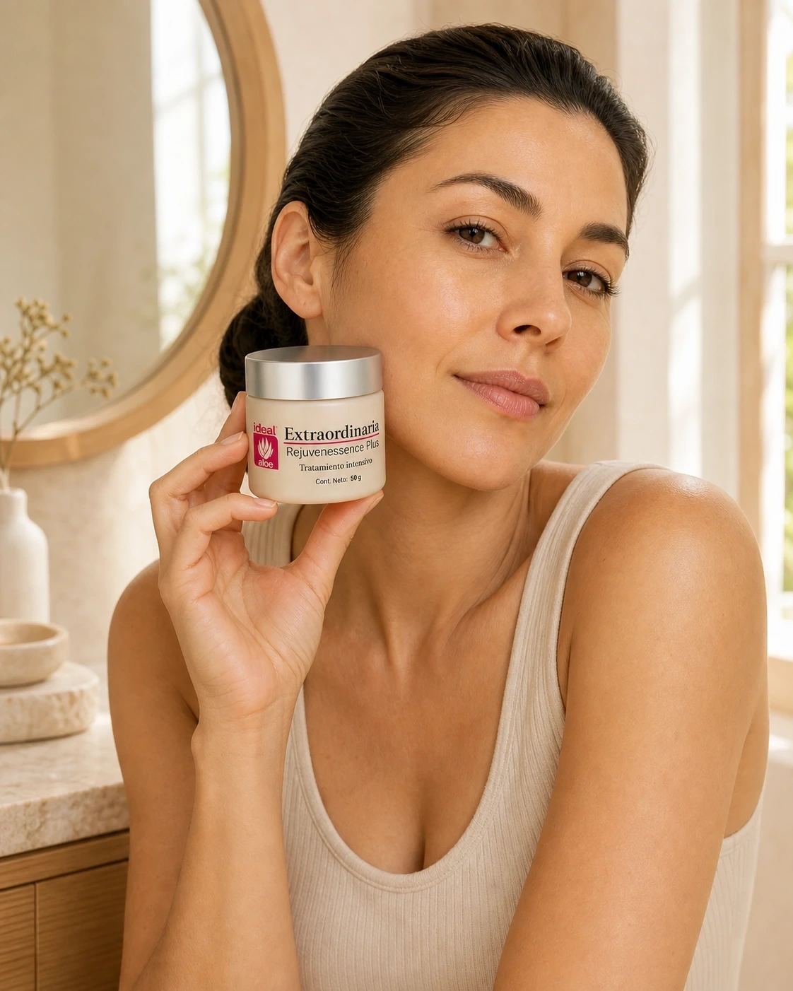 Mujer sostiene Crema Extraordinaria de Ideal frente a un tocador cálido con el envase visible