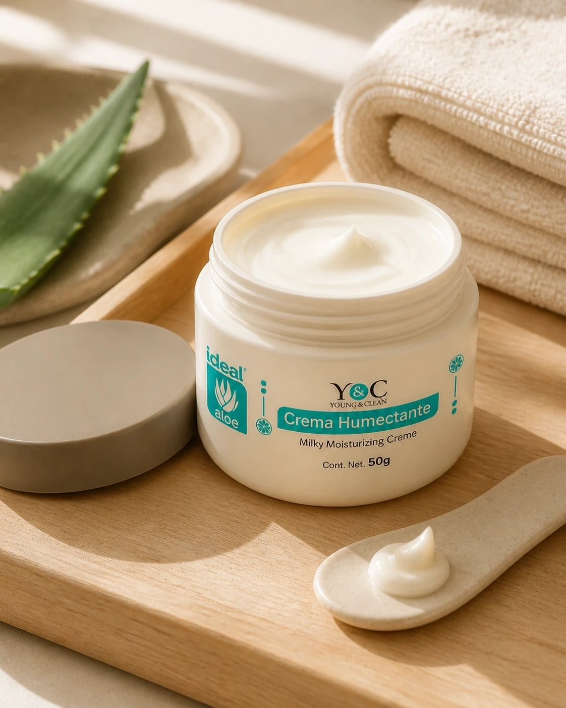 Detalle de Crema Humectante Clean & Fresh abierta sobre una charola de madera con aloe y crema