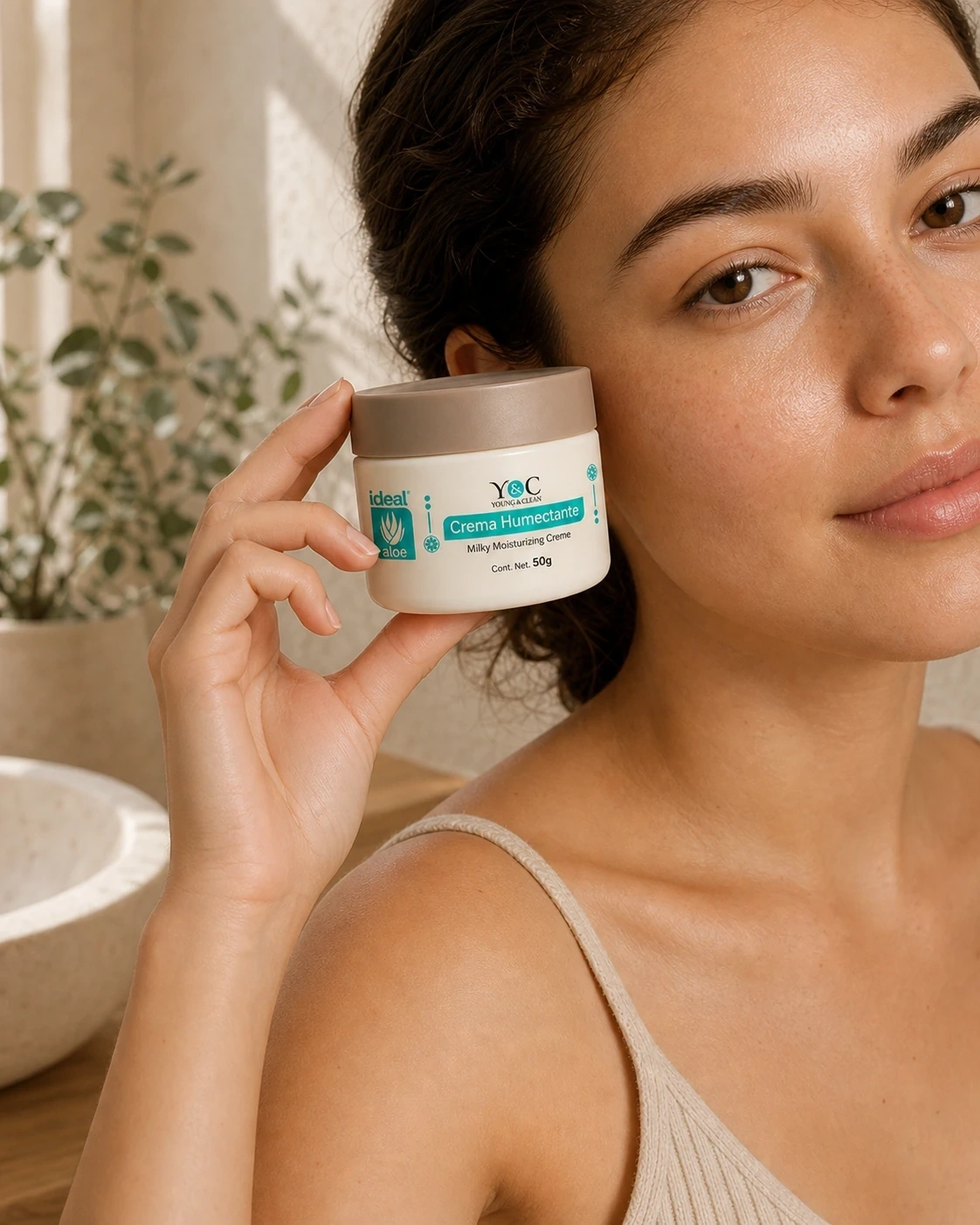 Crema Humectante Clean & Fresh junto al rostro en una rutina facial cálida con fondo de vanity