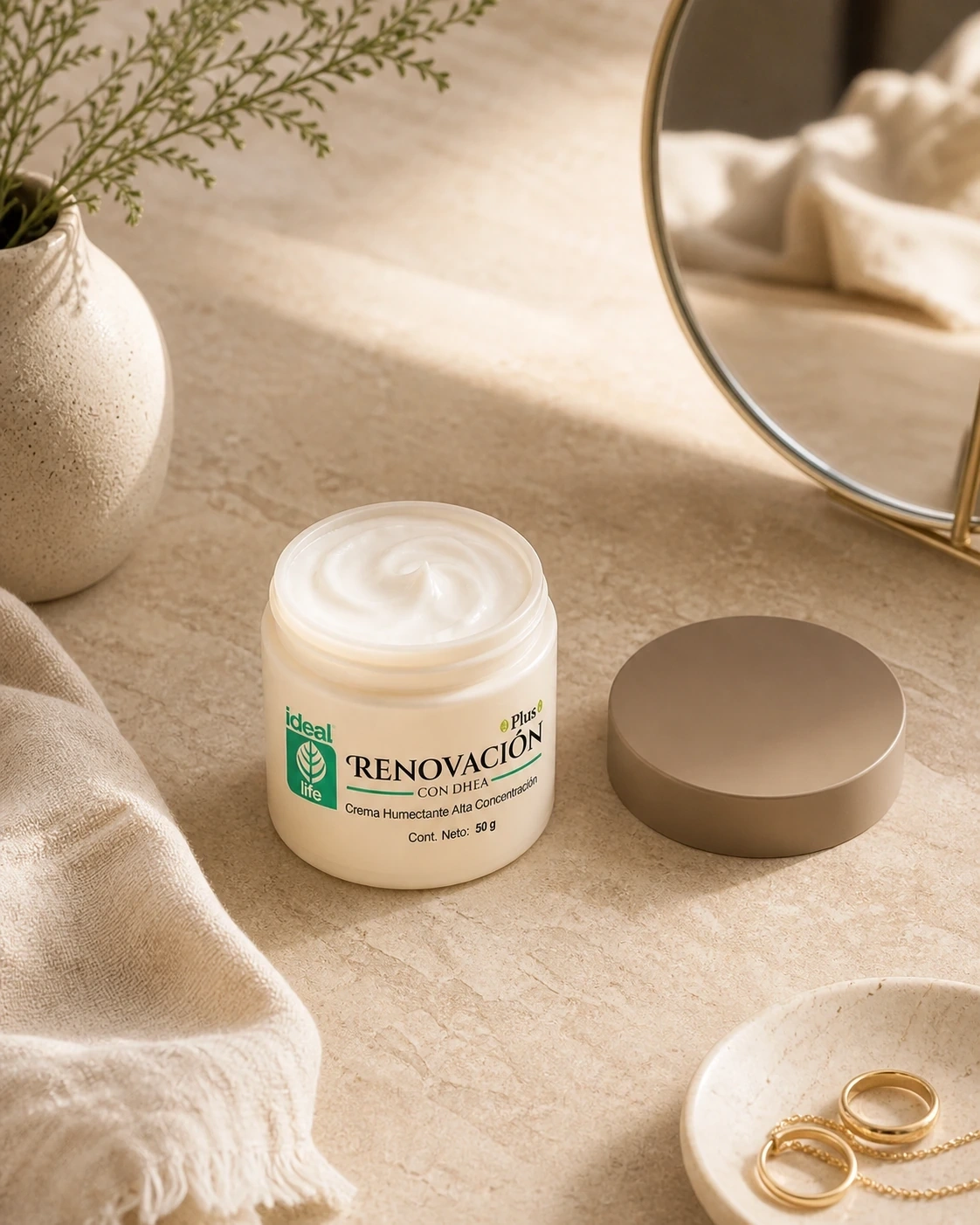 Toma de cierre de crema Ideal Life abierta con tapa taupe sobre un tocador de piedra caliza