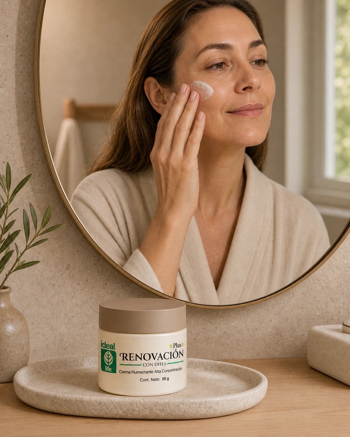 Mujer aplicando crema Ideal Life frente a un espejo con el tarro beige sobre una bandeja de piedra clara