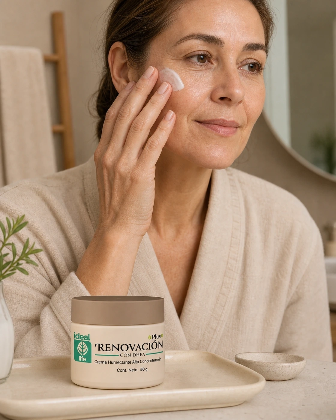Mujer aplicando crema Ideal Life en la mejilla junto al tarro beige sobre una bandeja de baño